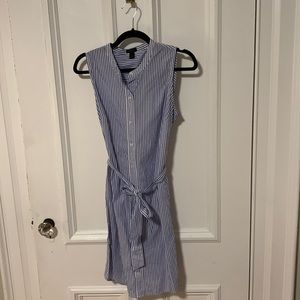 Size S blue and white striped sleeveless button down dress with cloth belt